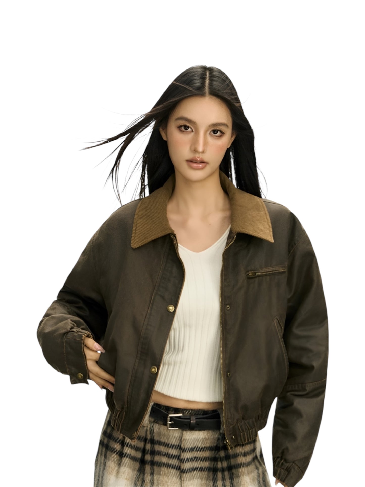 Contrast Corduroy Collar Faux Leather Zip Jacket