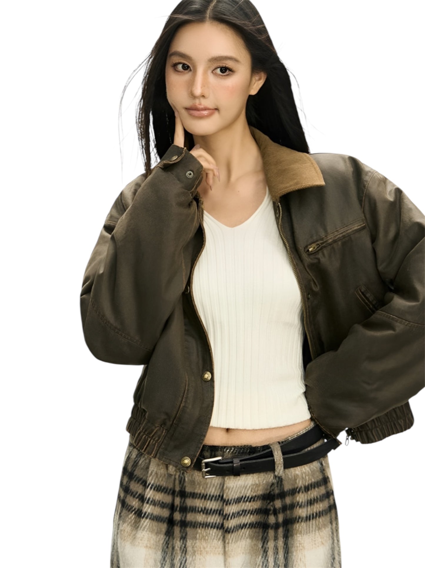 Contrast Corduroy Collar Faux Leather Zip Jacket