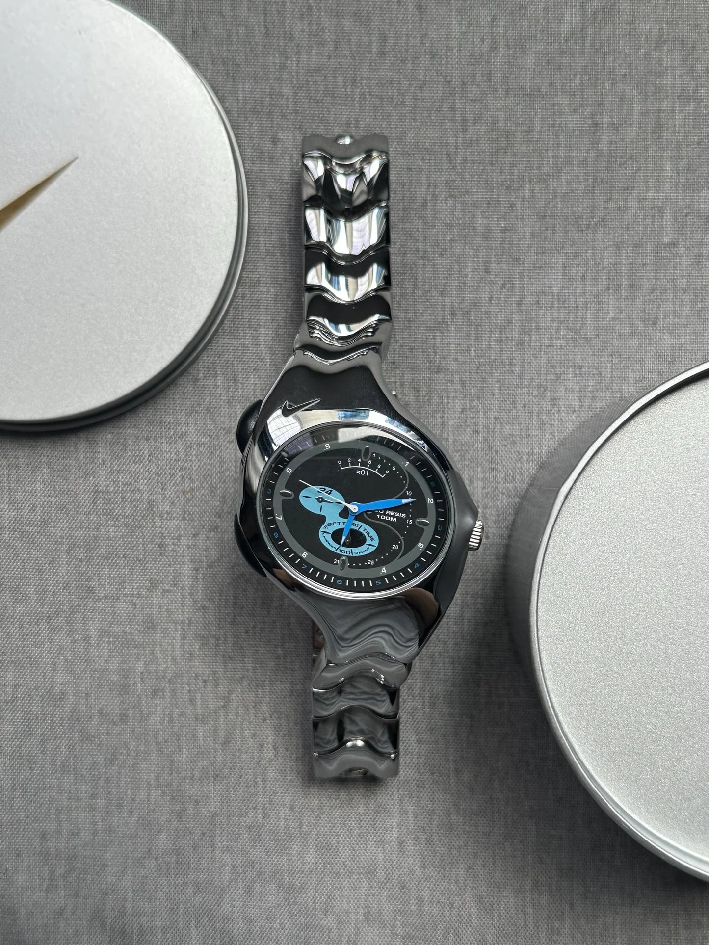 Nike Triax Chronograph Watch Shiny Silver with blue black dial