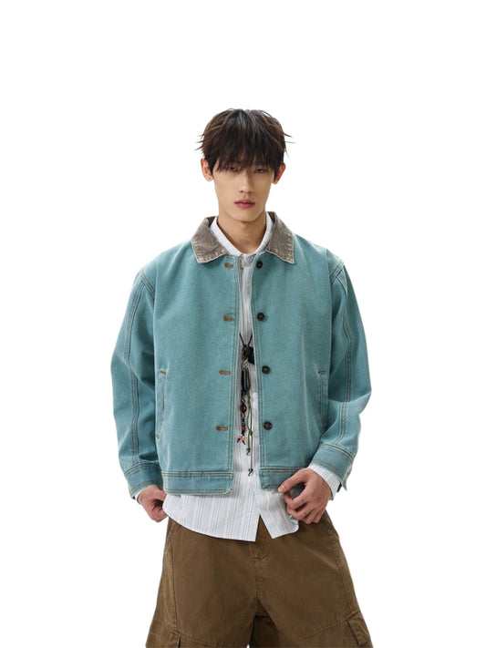 Contrast Collar Button-Up Mid Crop Worker Denim Jacket