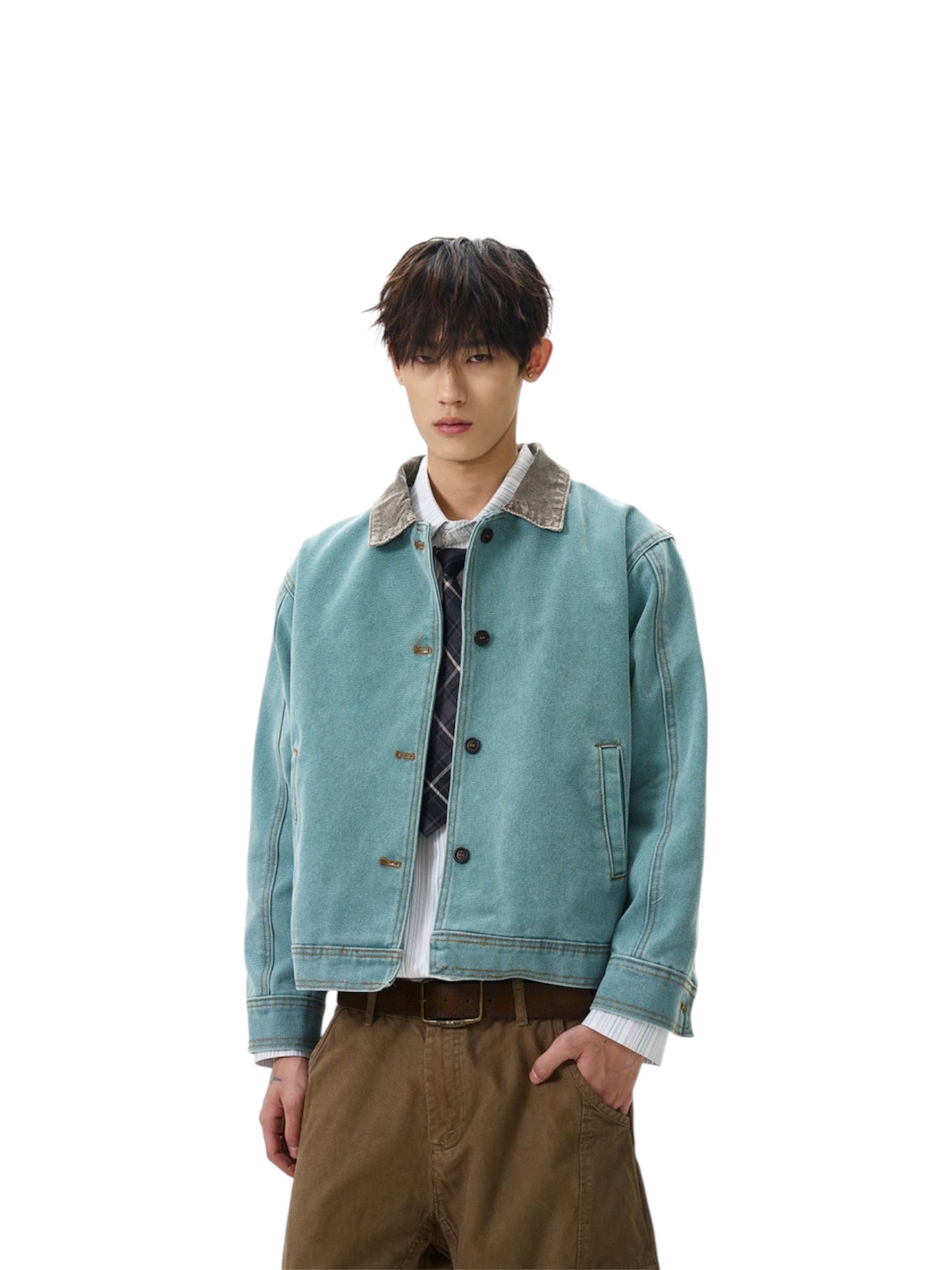 Contrast Collar Button-Up Mid Crop Worker Denim Jacket