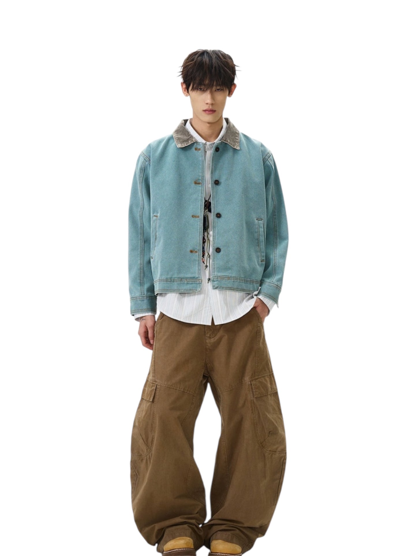Contrast Collar Button-Up Mid Crop Worker Denim Jacket