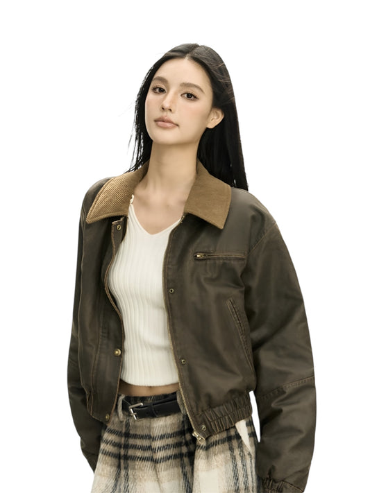 Contrast Corduroy Collar Faux Leather Zip Jacket